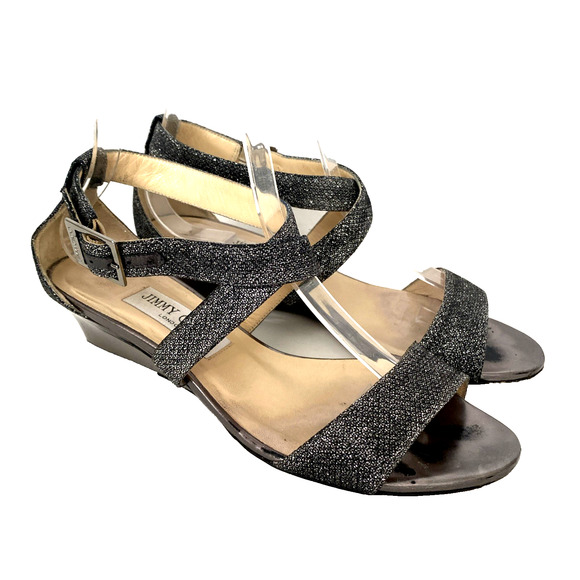 JIMMY CHOO Sandal Chiara‎ Anthracite Leather Glitter Wedge Silver Metallic 37.5 - Picture 2 of 14
